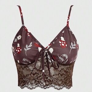 Mushroom Print Lace Trim Crop Cami Top Chocolate Brown Size M 6 Festival Grunge